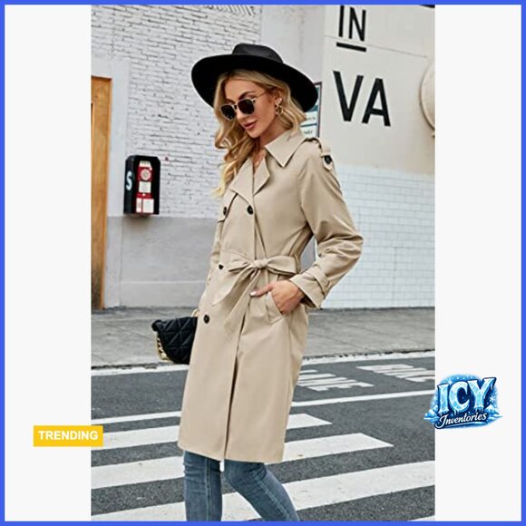 Double Breasted Long Trench Coat Windproof Slim Overcoat with Belt - Picture 2 of 7